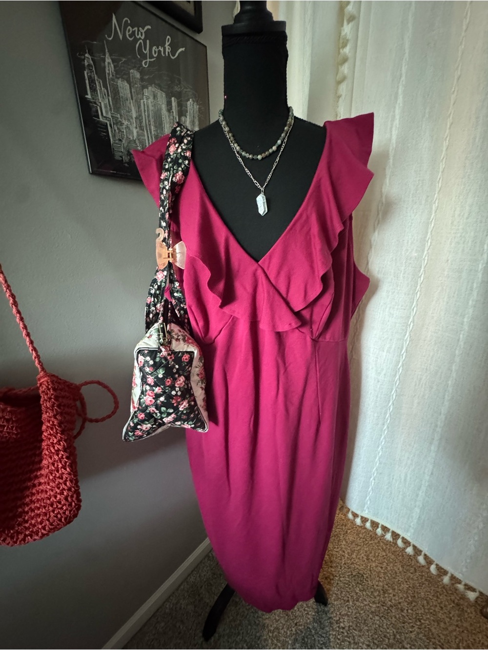 Magenta Ruffle V-Neck Midi BodyCon Dress